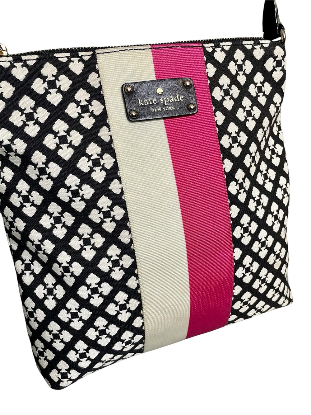 Kate Spade Varsity Stripe Black White Floral Spade Adjustable Leather Strap - Picture 4 of 10